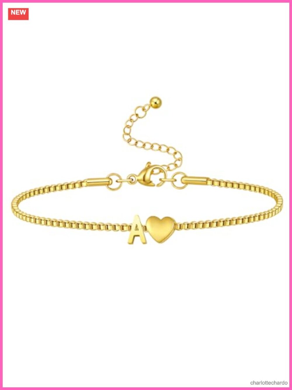 14K Gold Plated Stainless Steel Heart Initial Bracelet Dainty Link Womens